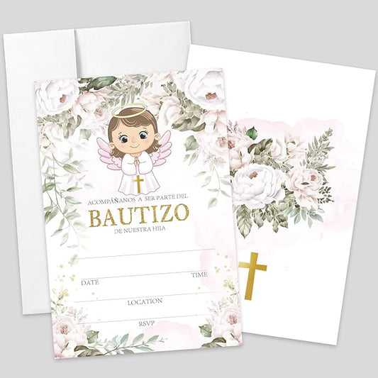 AEHIE 20 Sets Bautizo Baptism Baby Shower Party Shaped Fill-In Invitations With Envelopes, Pink Floral Angel Gold Cross Invitations Cards for Girls, Christening First Holy Communion Party Invites