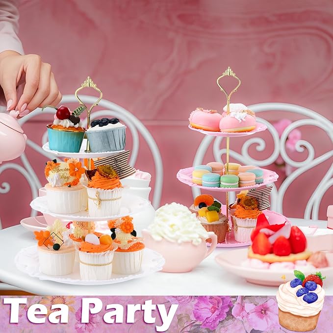 3 Sets Tea Party Decorations of 3 Tier Wedding Plastic Dessert Table Display Set Cupcake Stand Dessert Plates Cake Candy Display Tower Wedding Birthday Baby Shower Tea Party Decoration