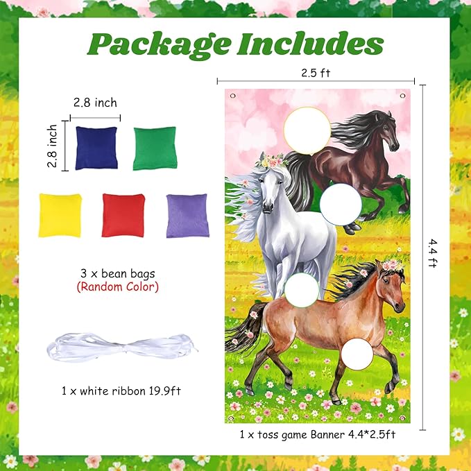 Horse Toss Games with 3 Bean Bags Pink - Horse Birthday Party Games Include Horse Toss Game Banner and Bean Bags for Girls Adults, Western Cowgirl Theme Birthday Party Indoor Outdoor