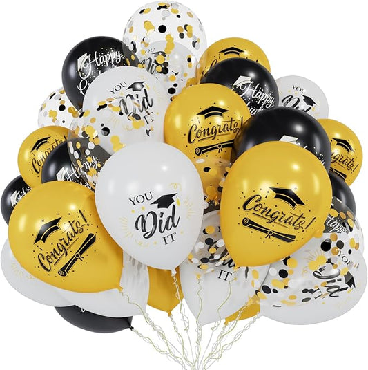 60 Pcs Black and Gold Graduation Balloons Class of 2026 Graduation Decorations - 12 Inch White Gold Confetti Latex Balloon Congrats Grad Balloons with Ribbons for Grad Decorations Supplies