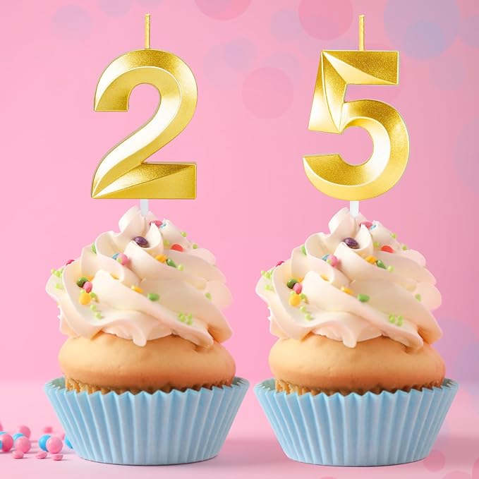25th Birthday Candles for Cake,Gold Number Candles for Happy Birthday Cake Toppers,Birthday Decorations for Her Him Party Anniversary Wedding