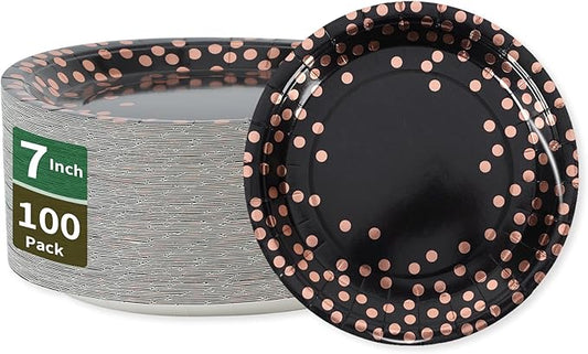 Black and Rose Gold Paper Plates,100 Pack Gold Dots Party Paper Plates,Disposable Party Supplies Dessert Plate for Birthday,Graduation,Retirement,Father's Day(7Inch)