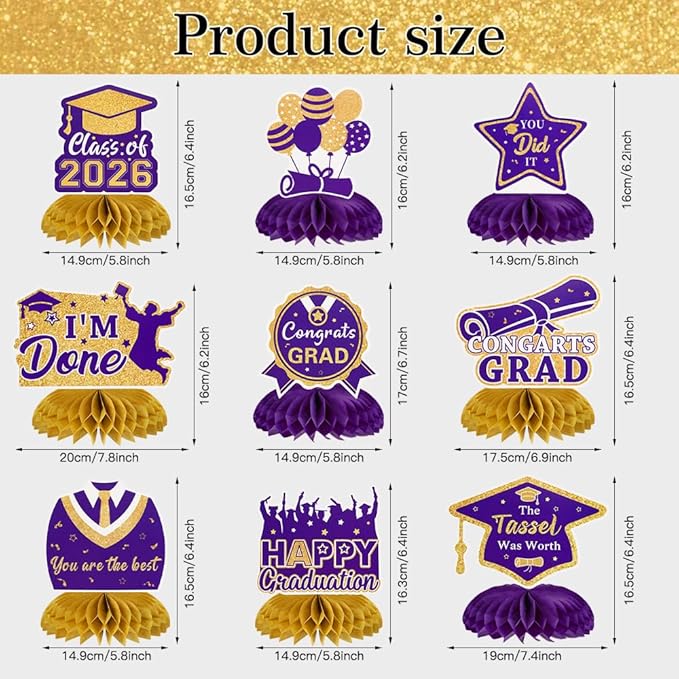 Graduation Decorations Class of 2026 Honeycomb Centerpieces, 9PCS Graduation Centerpieces for Tables, Congrats Grad Table Toppers for Middle High School College Graduation Decorations (Purple Gold)