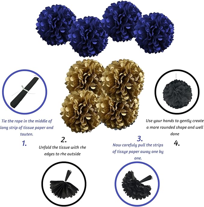 ZERODECO Birthday Decorations - Navy Blue Gold Party Decorations with Banner, Pompoms, Balloons for Boys, Girls, Men, Women