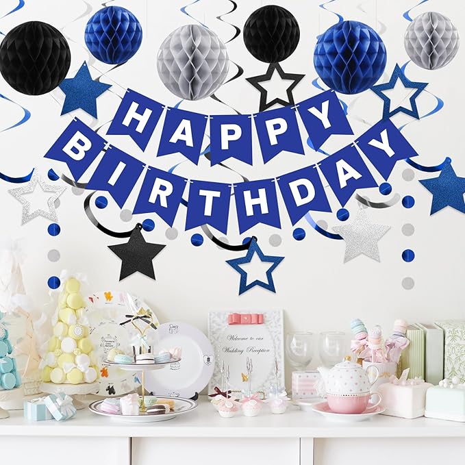 meowtastic Birthday Decorations, Happy Birthday Banner with Honeycomb Balls, Star Hanging Swirl Streamer, Circle Dot Garland, Happy Birthday Party Decorations for Women Men Boys Girls (Blue & Silver)