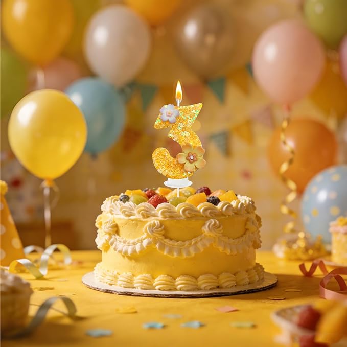 Yellow Birthday Candle, Flower Number Birthday Candles for Cake, Ideal Birthday Parties Cake Decor, Wedding Anniversary and Other Celebrations (3 Candle, Yellow)
