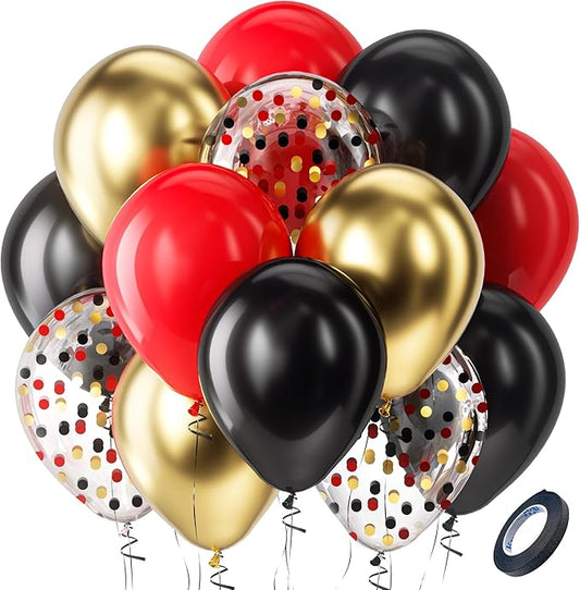 Bezente Red Black and Gold Latex Balloons,60pcs 12 inch Red Black Gold Metallic Chrome Confetti Balloons for Birthday New Year Casino Theme Party Decoration Christmas Wedding Graduation
