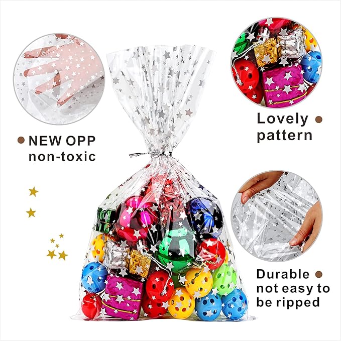 Cellophane Treat Bags,8 X 12 Inches Silver Star Printed Plastic Candy Bags,100 Silver Twist Ties,for Cookies, Chocolate, Bakery, Party Favors, Gift Wrapping