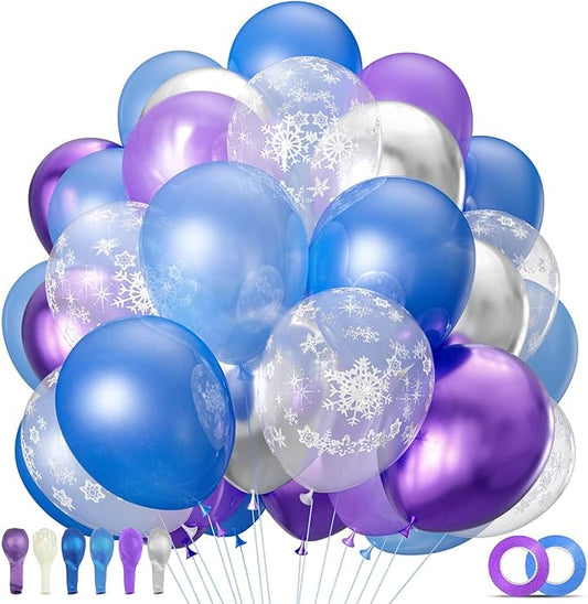 68Pcs Purple and Blue Party Balloons Kit 12 Inch Pearl Light Blue Metallic Purple Silver Snowflake Balloons with Ribbons for Winter Theme Birthday Wedding Girls Party Decorations.