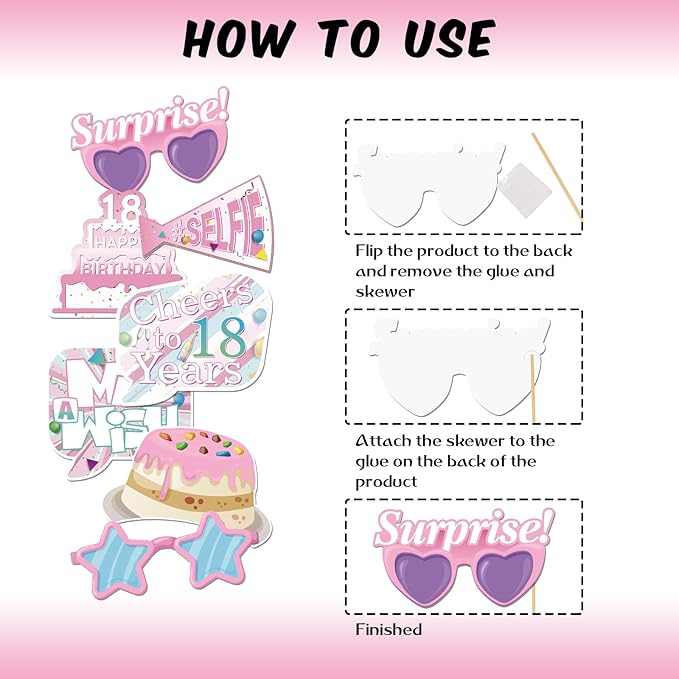 20 Pcs Girl 18th Birthday Photo Booth Props Kit, Pink Eighteen Birthday Party Selfie Decorations, Girl's 18th Bday Party Photography Supplies