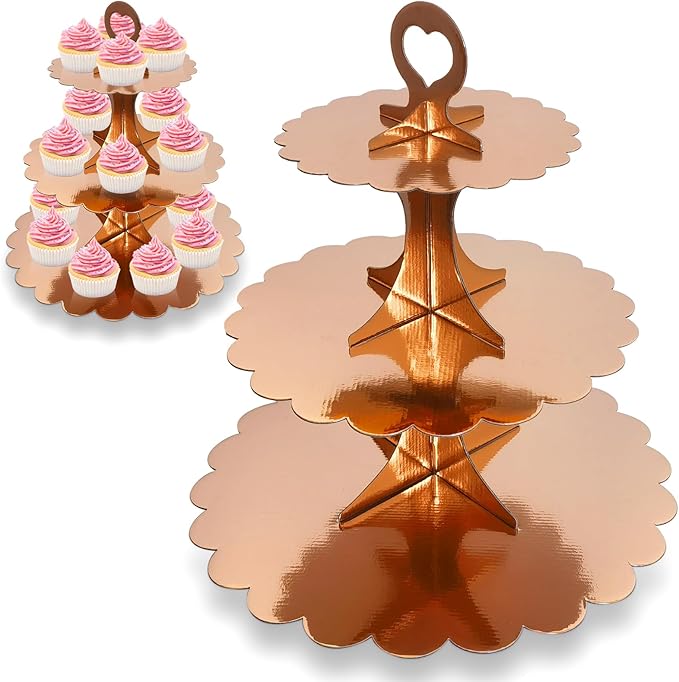 2 Pack 3 Tier Rose Gold Cupcake Stand for 24 Cupcakes, Cardboard Cake Tower for Parties and Celebrations