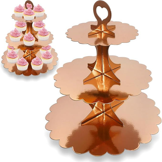 2 Pack 3 Tier Rose Gold Cupcake Stand for 24 Cupcakes, Cardboard Cake Tower for Parties and Celebrations