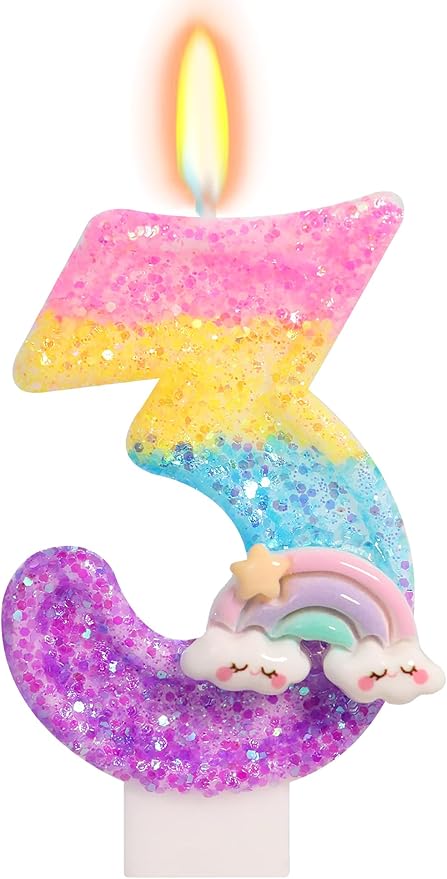 Rainbow Candles for Cakes, Number 3 Candle Rainbow Cake Topper for 3rd Birthday Decorations for Girls