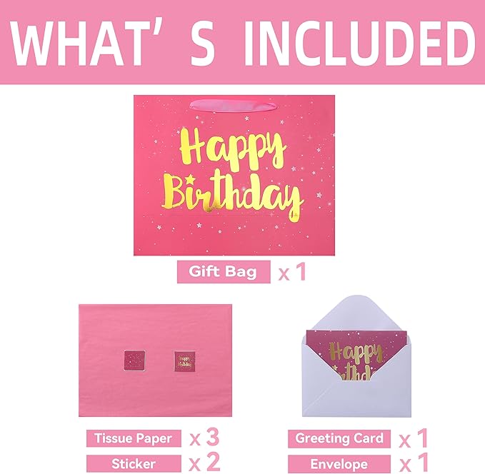 Qirrmiy 13" Large Pink Gift Bag Set with Greeting Card and Tissue Papers (Stars and Gold Foil ‘Happy Birthday’) for Women's Party, Girls' or Kids' Birthday Parties, Baby Girl, 13”x5.2”x10.2”, 1 Pcs.