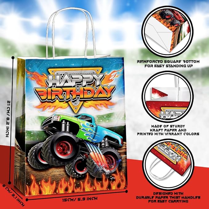24 Pcs Monster-Truck Party Favor Bags with Handles - Racing Truck Goodie Bags Gift Bags. Checkered Theme Candy Bags for Kids, Kraft Paper Bags for Birthday Party Supplies Decorations