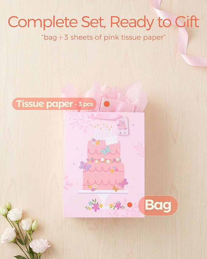 SUNCOLOR Extra Large Gift Bag with Tissue Paper for Girls Happy Birthday Party, 16 X12.6 X 5.7 Inch, Cake, For Birthday, Baby Shower, Children's Party