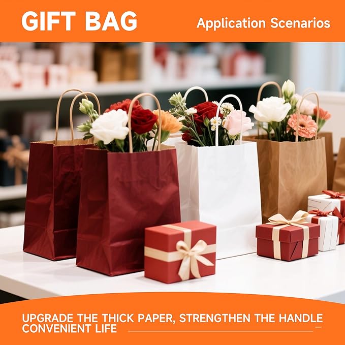 METAPRINT 100 Pack Medium 8x4.5x10.8 Inch Blue Kraft Paper Bag with Handles Bulk, Gift Bags, Craft Grocery Shopping Retail Party Favors Wedding Bags Sacks