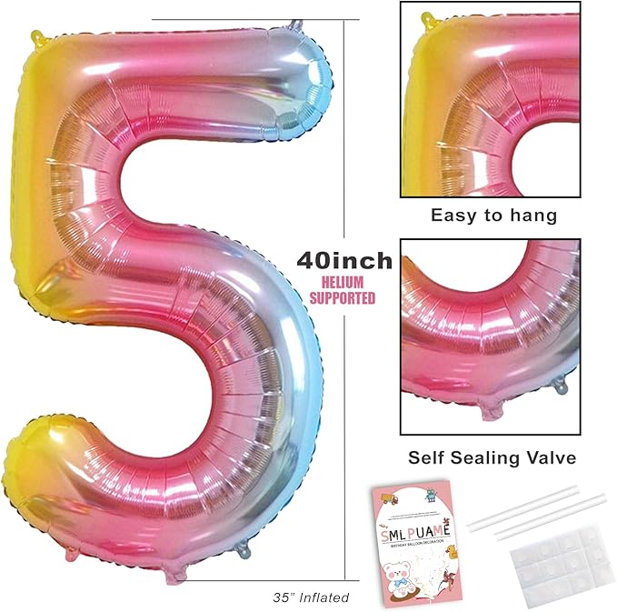 40 Inch Number Balloons 0-9 Rainbow Gradient Large 5 Balloons, Digital Balloons for Party Celebration Decorations, Helium Foil Number Balloons for Wedding Anniversary