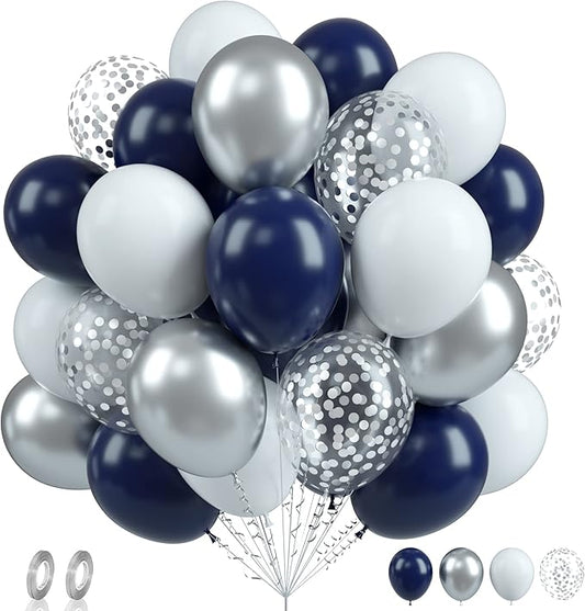 Biapian Navy Blue Silver Balloons, 60PCS Blue Silver White Balloons, 12 Inch Metallic Silver Confetti Balloons Dark Blue and Silver Latex Balloons for Birthday Graduation Bridal Baby Shower Party