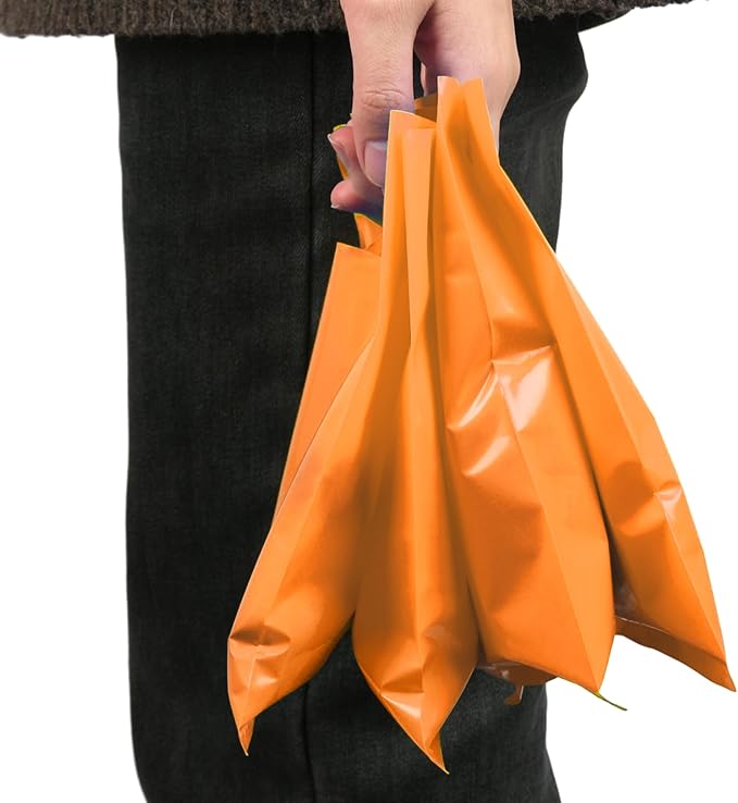 Orange 100 PCS Small Gift Bags, 6"x8" Goodie Party Favor Bags with Handle, Treat Retail Pouches for Kids Birthday, Christmas, Small Business