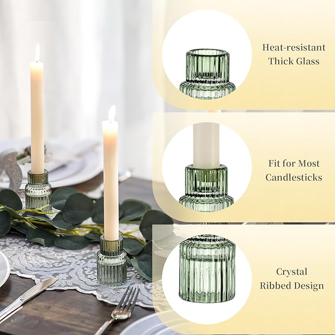 Hewory Glass Taper Candle Holders: 20 PCS Green Vintage Candle Holder Candlestick Holders Bulk, Ribbed Glass Candle Holder Candle Sticks Holder Decor for Table Centerpiece Wedding Christmas Home Decor