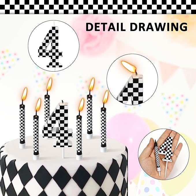 13 Pcs Racing Cars Themed Birthday Candles, Black and White Checkered Birthday Cake Candles, Numeral 4 Candle Wheel Tire for Racing Car Party Decoration Theme Party Supplies