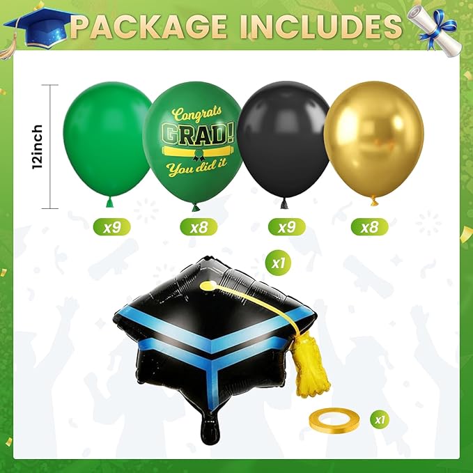 Green Black Graduation Balloons, Dark Green Gold Black Balloons with Cap Foil Grad Printed Balloon for Class of 2026 Graduation Decorations Celebration Party