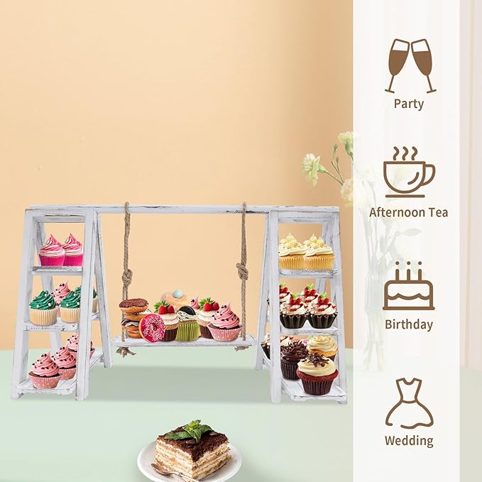 3 Tier Wooden Cake Stand with Tray Ladder,28.3×16.9 in Dessert Table Display Set, Cake Pop Stand,for Parties,Birthdays,Weddings, Baby Showers,etc (White)