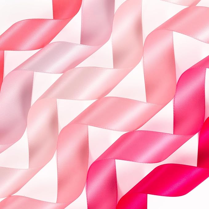 Pink Ribbon 1 Inch Assorted Double Faced Pink Satin Ribbon Set for Flower Bouquet, Gift Wrapping, Wedding Invitation, Bridal Shower Decor, Hair Bows and Crafts, 6 Rolls Total 30 Yards
