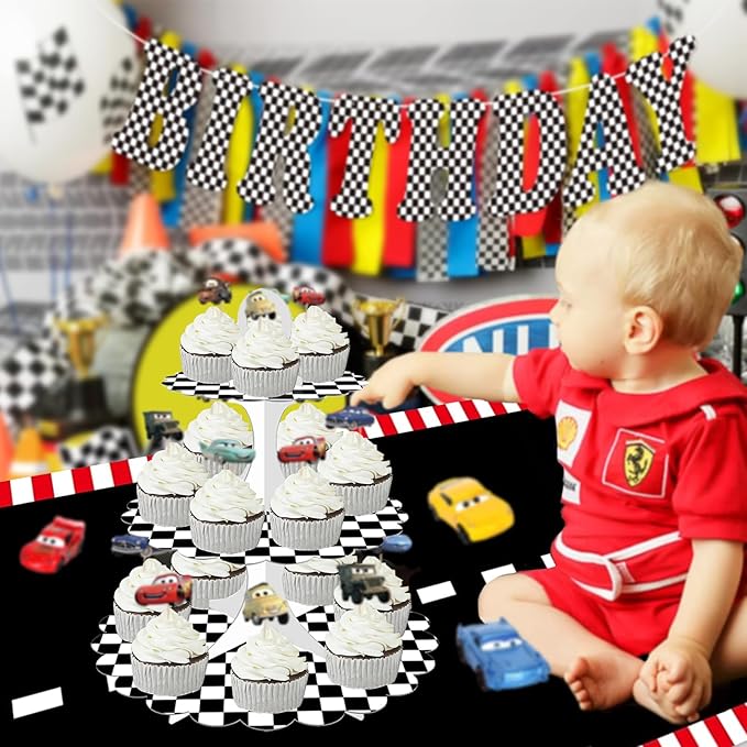 3-Tier Racing Theme Cupcake Stand,Cars Theme Decoration,Black White Checkered Design,Car Theme Dessert Stand for Race Car Birthday Party Decorations (1-Pack)