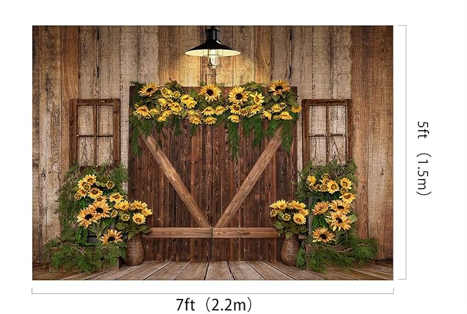 Kate Rustic Wooden Barn Door Backdrop 7x5ft Vintage Sunflower Garland Photography Background Country Style Shabby Chic Wall for Birthday Party Baby Shower Wedding Photo Booth Props