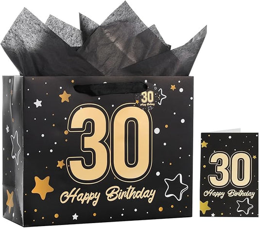 Powbrace 13" Black 30th Birthday Gift Bag with Tissue Paper and Greeting Card for Party,Happy Birthday Gift Bag for Men Women,Gift Bags Medium size(1 Black 30th)