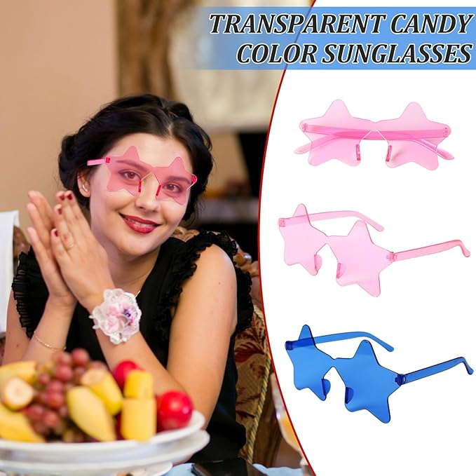 REHALY 8/12 Pairs Star Shaped Sunglasses Rimless Candy Star Sunglasses Pentagram Glasses for Women Men Party Streetwear