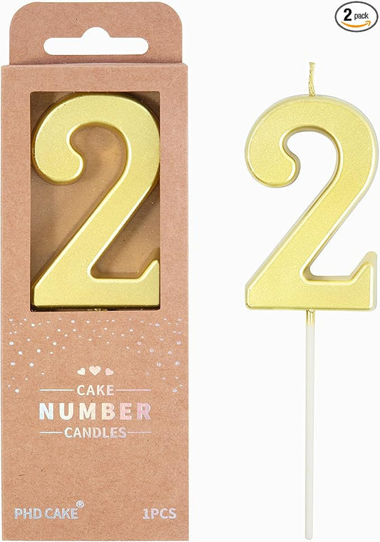 PHD CAKE 2.76 Inch Modern Gold 2 Number Birthday Candles, Gold Number Candles, Cake Number Candles, Party Celebration