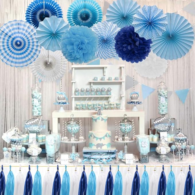 Blue Party Decorations Hanging Paper Fans Pom Poms Flowers Tissue Tassel Garland for Elephant Shark Theme Kids Birthday Baby Shower Graduation