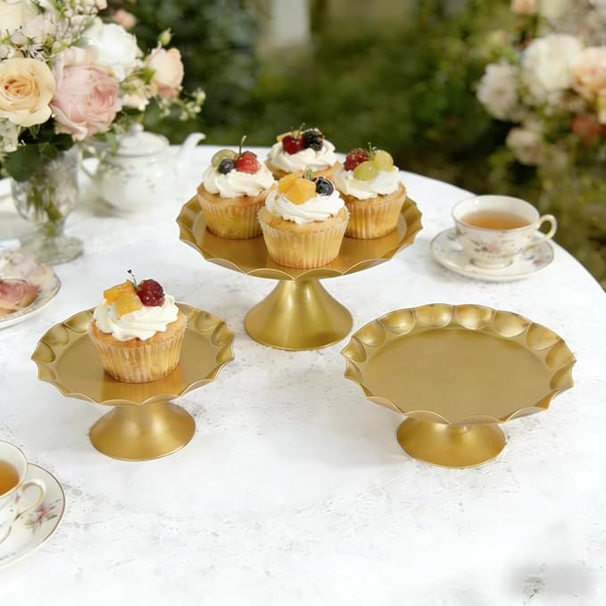 3 Pcs Metal Cake Stand Set, Scalloped Edge Cupcake Tray Dessert Display Platter, Decorative Serving Stand for Wedding, Birthday, Tea Party,Baby Show(Gold)