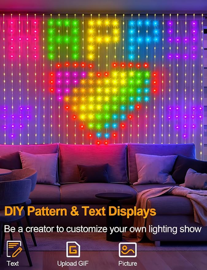 echosari Smart Curtain Lights Plug in, 400 LED Curtain Lights with App Programmable 6.6 x 6.6ft RGB&IC DIY Pattern Music Sync for Bedroom Backdrop Decor