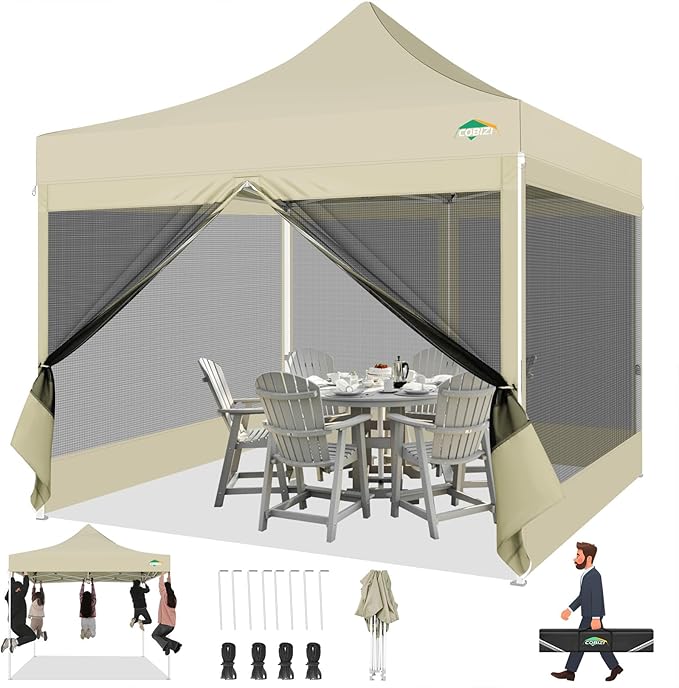 COBIZI 10x10 Canopy Tent with 4 Sidewalls,Heavy Duty Pop up Canopy with Mosquito Netting,Easy up Screen Tent for Parties Wedding Outdoor Camping with Handbag,Khaki