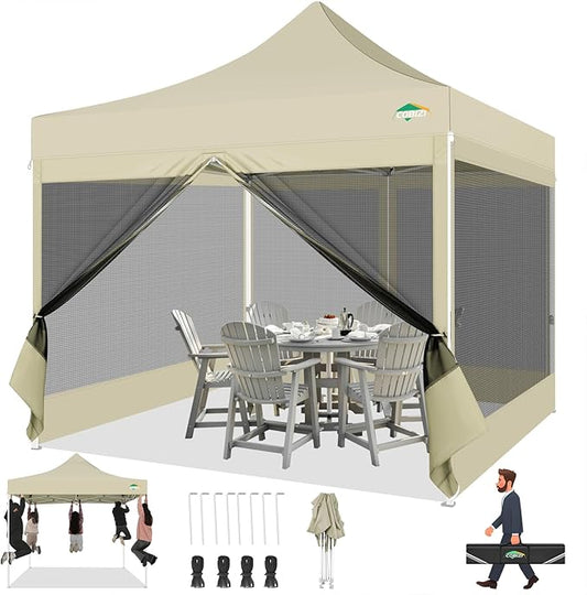 COBIZI 10x10 Canopy Tent with 4 Sidewalls,Heavy Duty Pop up Canopy with Mosquito Netting,Easy up Screen Tent for Parties Wedding Outdoor Camping with Handbag,Khaki