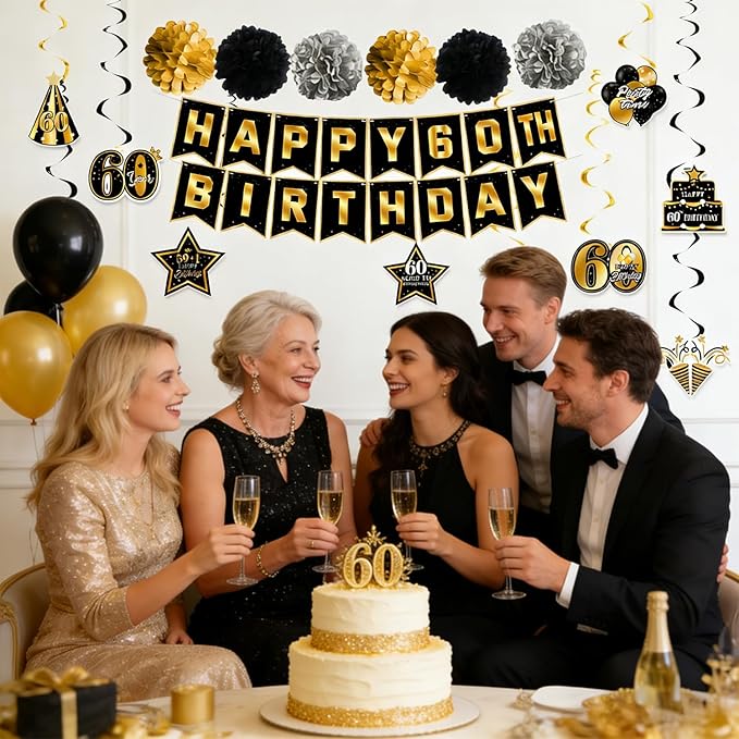 60th Birthday Decorations, Pre-Strung Happy Birthday Banner with Balloons, Backdrop, Honeycomb Centerpieces, Hanging Swirl Streamers, Black Gold Happy Birthday Party Decorations for Men Women