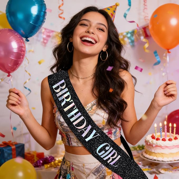 Birthday Sash for Girl, Dazzle Foil Letter Glitter Black Birthday Sash for Women Girl Kids Teenager Bday Gifts Party Favors Photo Prop