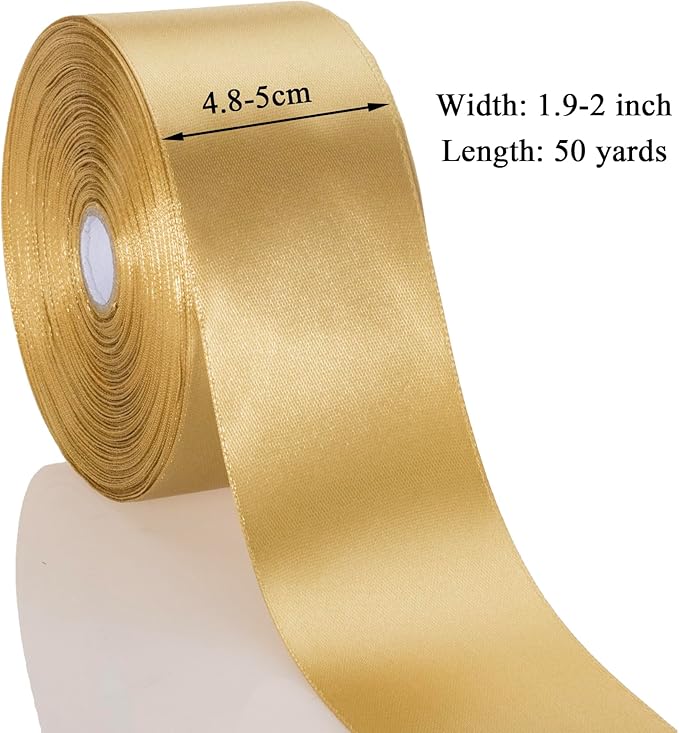 YASEO 2 Inch Champaign Gold Solid Satin Ribbon, 50 Yards Craft Fabric Ribbon for Gift Wrapping Floral Bouquets Wedding Party Decoration