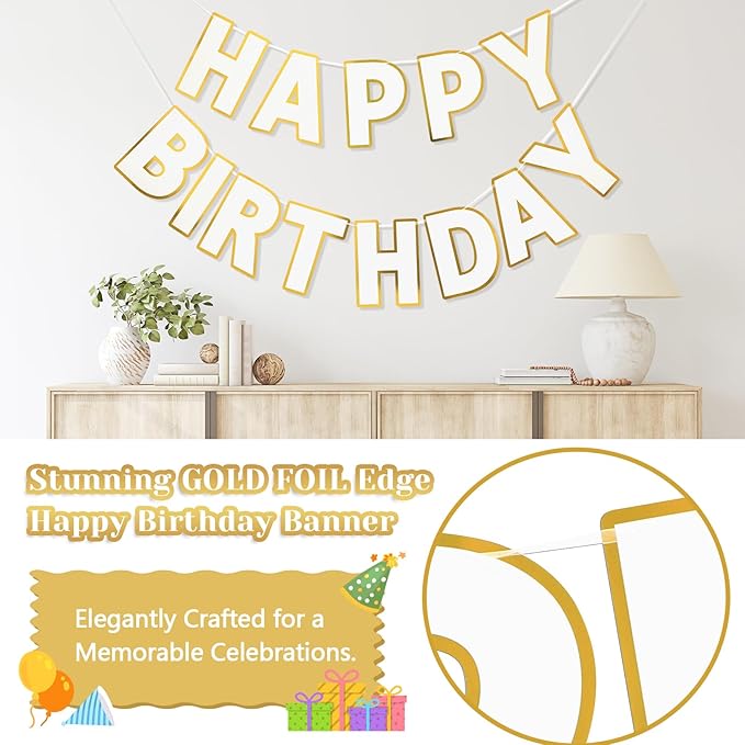 Happy Birthday Banner - 9ft Pre-Strung Happy Birthday Sign for Women, Men, Girls, Boys - No DIY Birthday Decorations & Party Supplies(White)