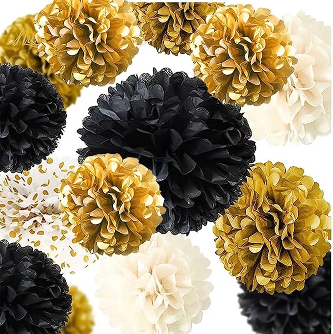 XIKSXITN 12 pc Black Gold Gradient Tissue Paper Pompoms-Hanging Gold Dot White Paper Pom Poms Paper Flowers Ball for Party Decorative(8&10&12 inch)