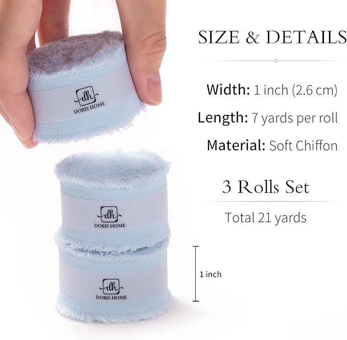 DORIS HOME Baby Blue Chiffon Ribbon for Flower Bouquet, 1" x21Yd Fabric Ribbon for Gift Wrapping, Handmade Frayed Ribbon for Wedding Invitations/Christmas Decorations