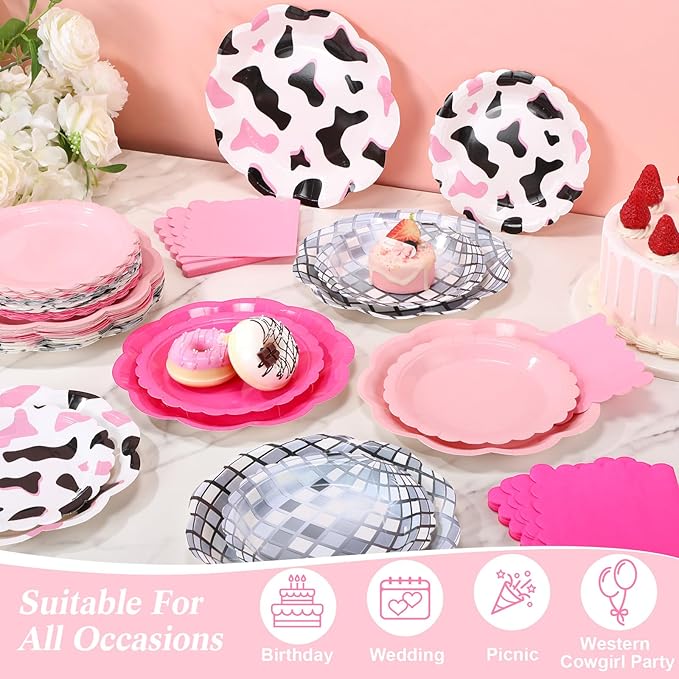 144 Pcs 48 Guests Cowgirl Party Plates and Napkins Sets Western Paper Plates and Napkins Pink Disco Disposable Tableware for Rodeo Birthday Bachelorette Western Wedding Tea Party Supplies