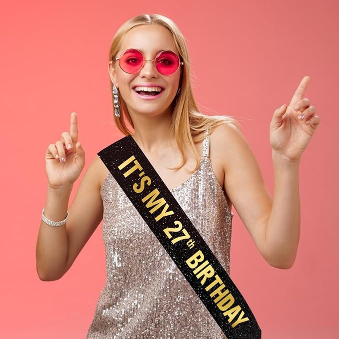 It's My 27th Birthday Sash for Men Women, Black Glitter Sash with Gold Foil