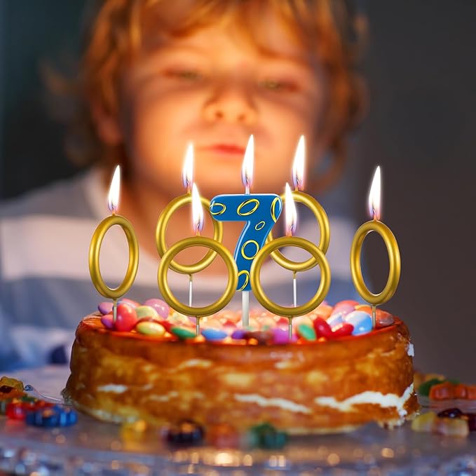 Conelist 7 Pcs Gold Ring Birthday Candles Number Candle Cake Topper Cartoon Characters Themed Candle for Wedding Anniversary Valentine's Day Birthday Party Decorations Supplies(Number 7)