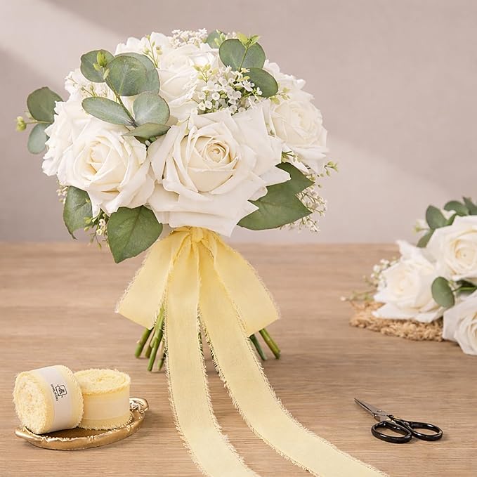 DORIS HOME Yellow Chiffon Ribbon for Flower Bouquet, 1" x21Yd Fabric Ribbon for Gift Wrapping, Handmade Frayed Ribbon for Wedding Invitations/Christmas Decorations