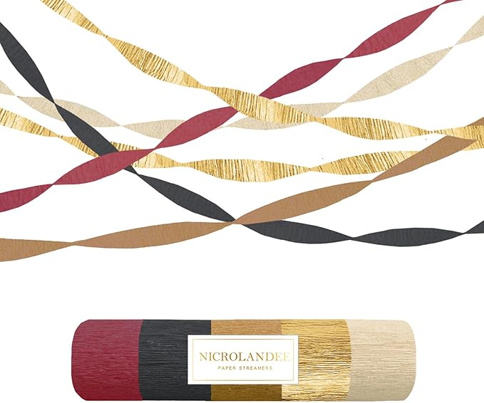 NICROLANDEE 5 Rolls Burgundy Gold Black Crepe Paper Streamers for Magical Wizard School Party Decorations, Casino Theme Party Decorations for Graduation, Retirement, New Year, Milestone Birthday